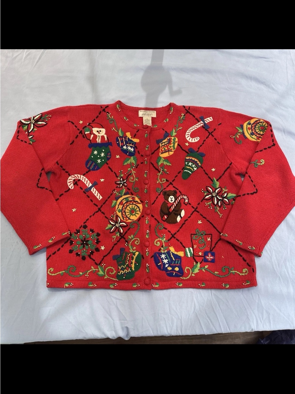 Vintage Lord & Taylor Red Christmas Cardigan Sweater Embroidered Beaded Santa M